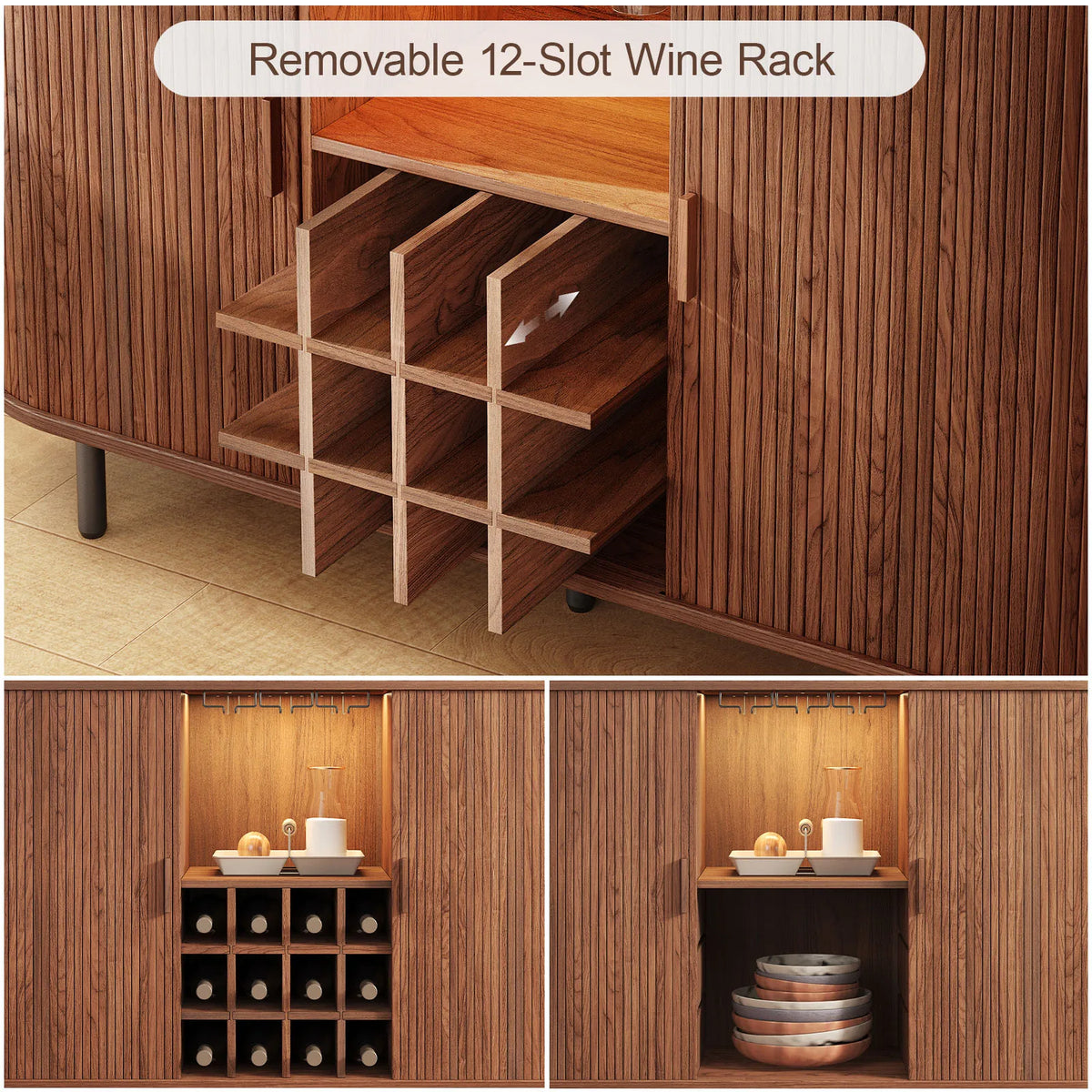 Wooden cabinet with a removable 12-slot wine rack and open shelves.