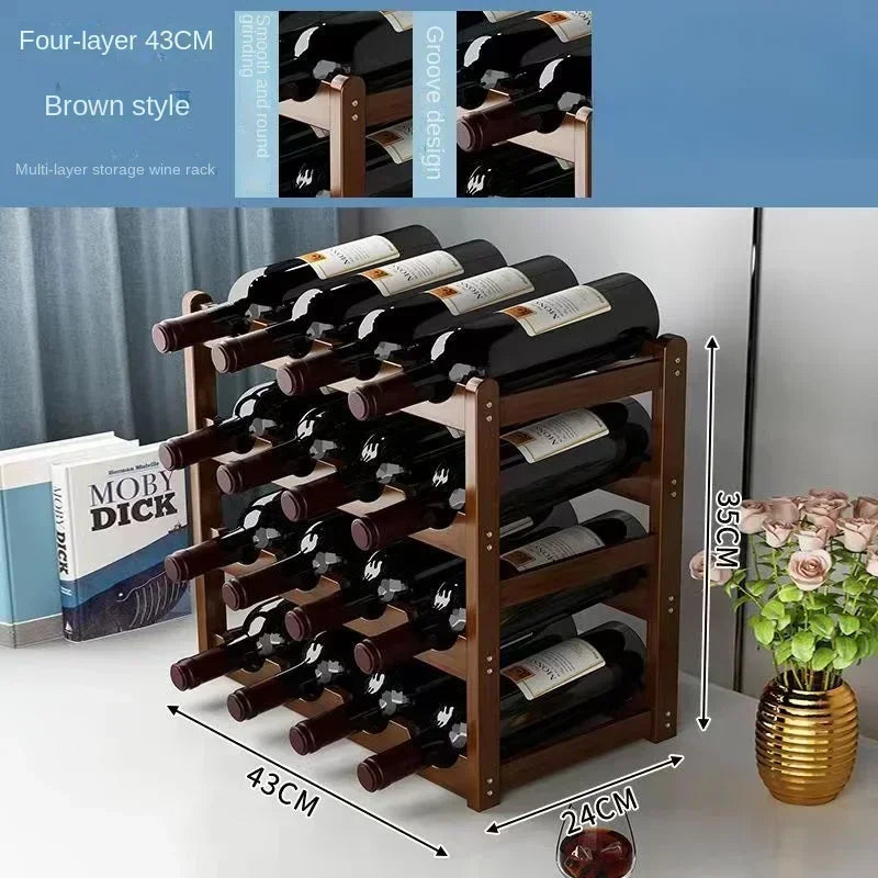 Wooden wine rack holding bottles with dimensions displayed, next to a book and vase.