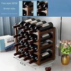 Wooden wine rack holding bottles with dimensions displayed, next to a book and vase.