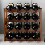Wooden wine rack with 16 bottles of wine on a white surface.