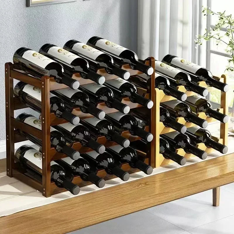 Wooden wine rack with multiple bottles of wine on a light-colored floor.