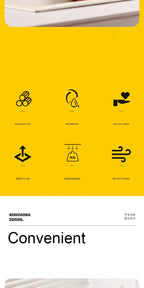 Yellow background with black icons and text on a white strip at the bottom