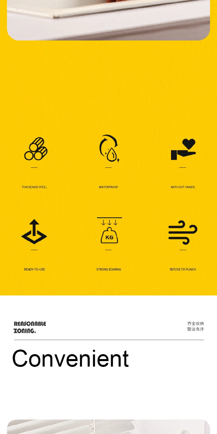 Yellow background with black icons and text on a white strip at the bottom