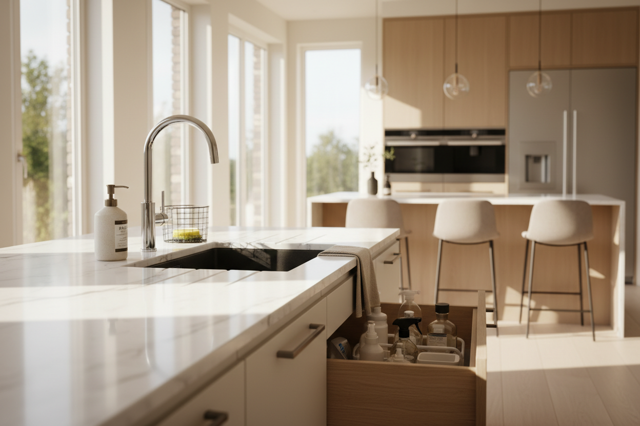 Modern kitchen with white countertops, wooden cabinets, and a large window.